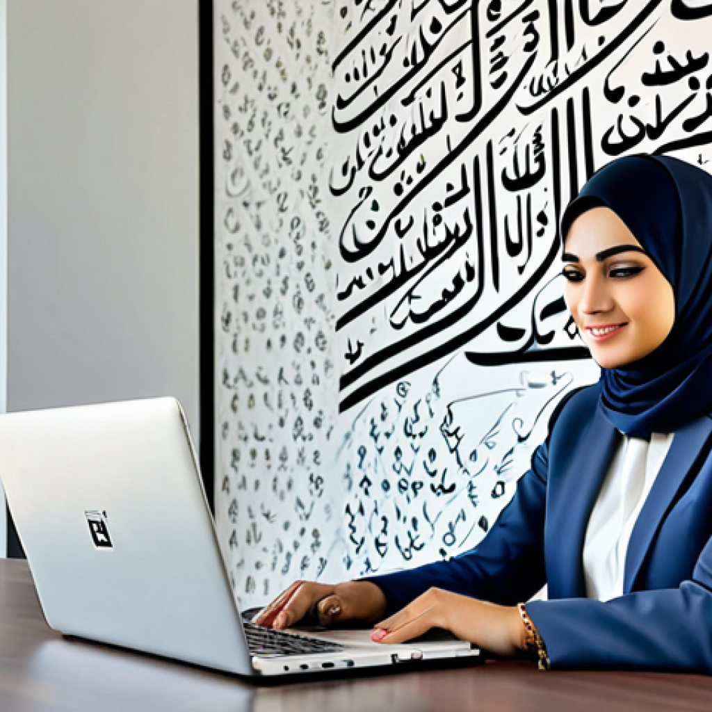 Modern Office Environment**

"A professional Arab businesswoman, fully clothed in a modest, elegant business suit and hijab, working on a laptop in a bright, modern office with Arabic calligraphy art on the wall, appropriate attire, safe for work, perfect anatomy, natural proportions, family-friendly, high-quality digital art, professional lighting, showcasing success and empowerment."

**
