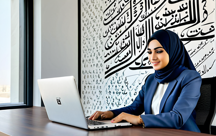 Modern Office Environment**
"A professional Arab businesswoman, fully clothed in a modest, elegant business suit and hijab, working on a laptop in a bright, modern office with Arabic calligraphy art on the wall, appropriate attire, safe for work, perfect anatomy, natural proportions, family-friendly, high-quality digital art, professional lighting, showcasing success and empowerment."
**
