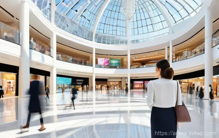 실내 위치 추적 기술의 데이터 시각화 도구 - **Prompt 1: Future Retail Experience in Dubai**
"A vibrant, bustling modern shopping mall atrium...