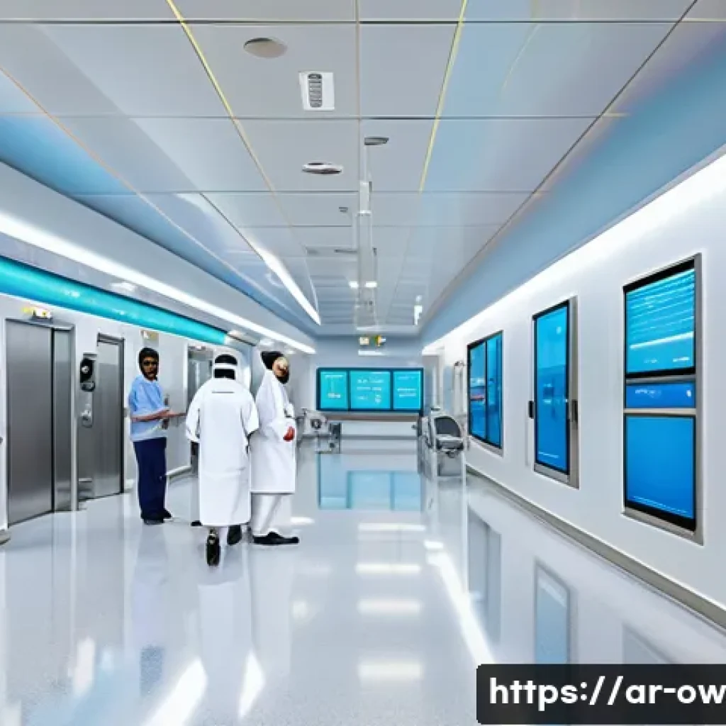 실내 위치 추적 기술의 유연한 적용 방법 - A modern hospital interior scene showcasing advanced indoor positioning technology integration, feat...
