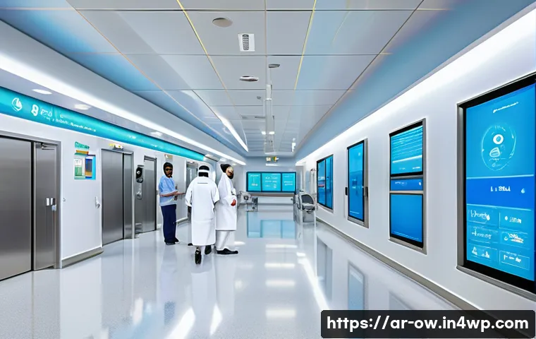 실내 위치 추적 기술의 유연한 적용 방법 - A modern hospital interior scene showcasing advanced indoor positioning technology integration, feat...
