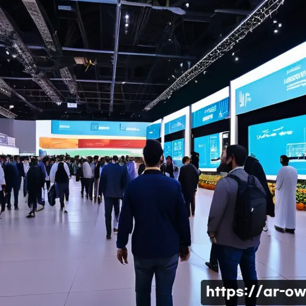 실내 위치 추적 기술을 활용한 이벤트 관리 - A vibrant indoor event scene showcasing a diverse crowd of Arab attendees navigating through a large...