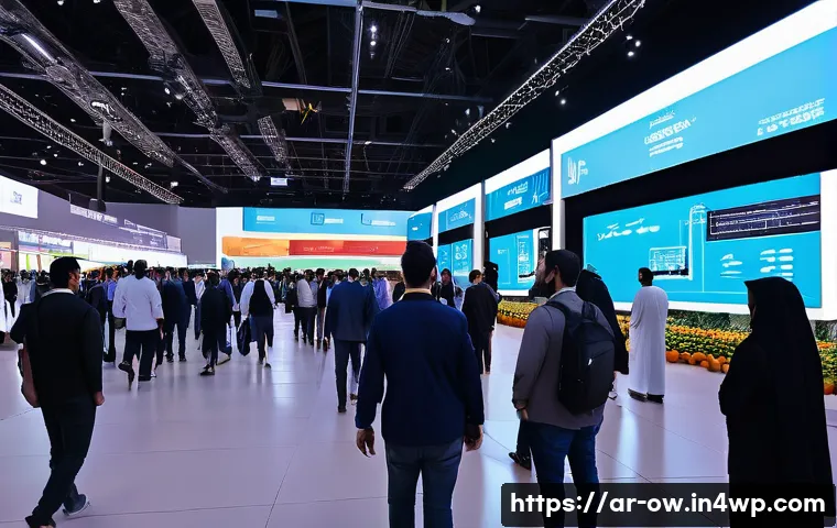 실내 위치 추적 기술을 활용한 이벤트 관리 - A vibrant indoor event scene showcasing a diverse crowd of Arab attendees navigating through a large...