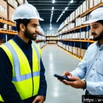 Home 22 실내 위치 추적 기술을 활용한 재고 관리 - A modern warehouse interior showcasing advanced indoor positioning systems with RFID and Bluetooth t...