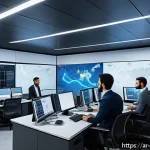 Home 21 실내 위치 추적 기술의 피드백 루프 설계 - A sophisticated indoor positioning system control room scene in a modern Middle Eastern office build...