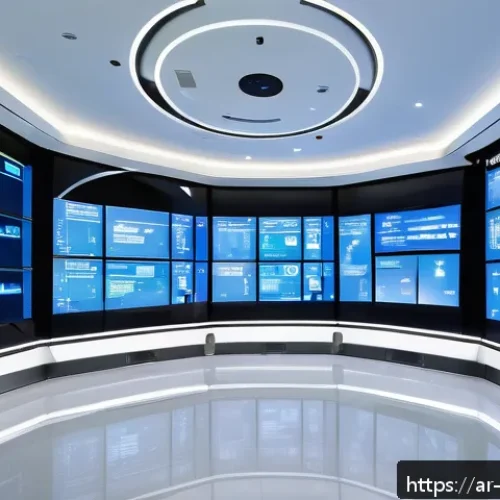 Home 32 실내 위치 추적 기술의 데이터 처리 방식 - A high-tech indoor tracking control room with multiple large digital screens displaying real-time ma...
