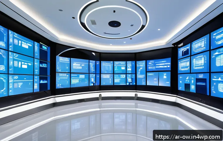 실내 위치 추적 기술의 데이터 처리 방식 - A high-tech indoor tracking control room with multiple large digital screens displaying real-time ma...