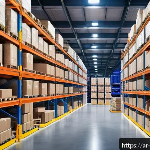 Home 31 실내 위치 추적 기술의 시장 점유율 분석 - A modern logistics warehouse interior featuring advanced indoor positioning technology, with diverse...