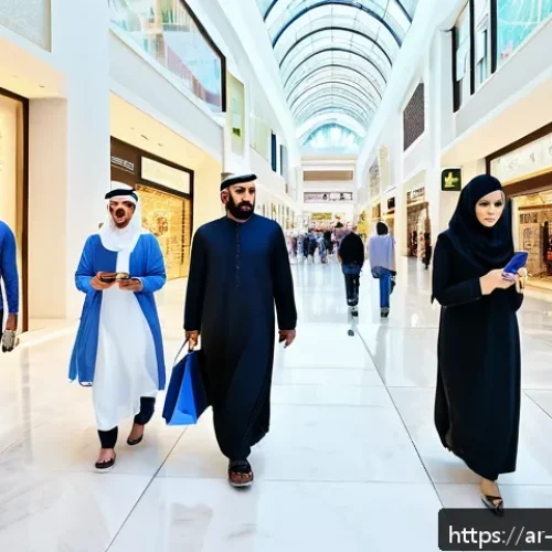 Home 30 실내 위치 추적 기술의 혁신 사례 분석 - A spacious modern shopping mall interior filled with diverse Arab shoppers using smartphones with in...