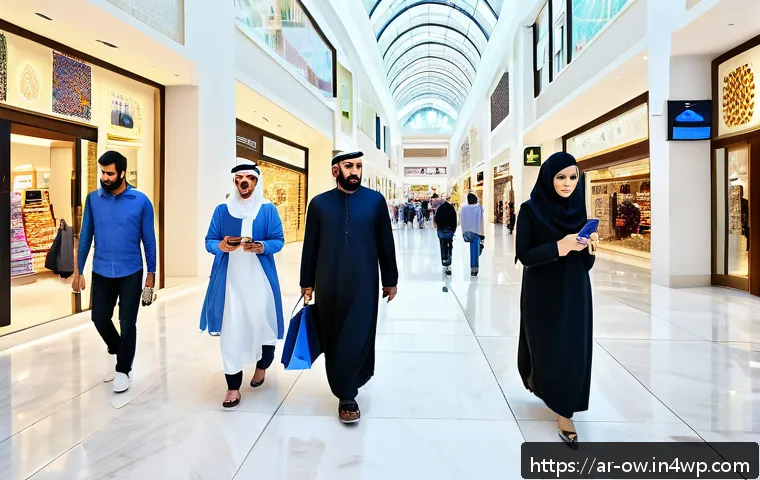 실내 위치 추적 기술의 혁신 사례 분석 - A spacious modern shopping mall interior filled with diverse Arab shoppers using smartphones with in...