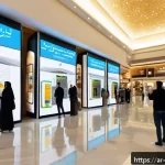 Home 23 실내 위치 추적 기술의 시장 주요 동향 - A high-tech indoor navigation scene inside a modern Middle Eastern shopping mall, featuring diverse ...