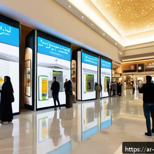 Home 17 실내 위치 추적 기술의 시장 주요 동향 - A high-tech indoor navigation scene inside a modern Middle Eastern shopping mall, featuring diverse ...