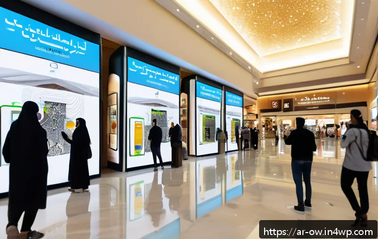 실내 위치 추적 기술의 시장 주요 동향 - A high-tech indoor navigation scene inside a modern Middle Eastern shopping mall, featuring diverse ...