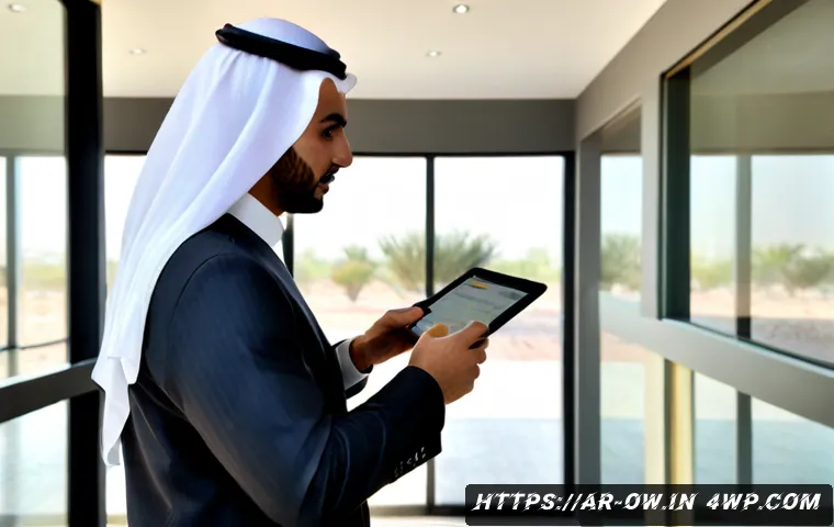 실내 위치 추적 기술의 적정 비용 산정 - Photorealistic modern Gulf-region office, an Arab facilities manager in modest business attire revie...